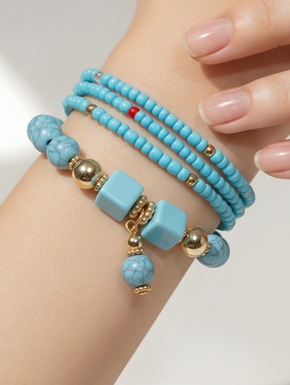 Turquoise Beaded Bracelet Set Gold Charm Stack Boho Stretch Western Southwestern